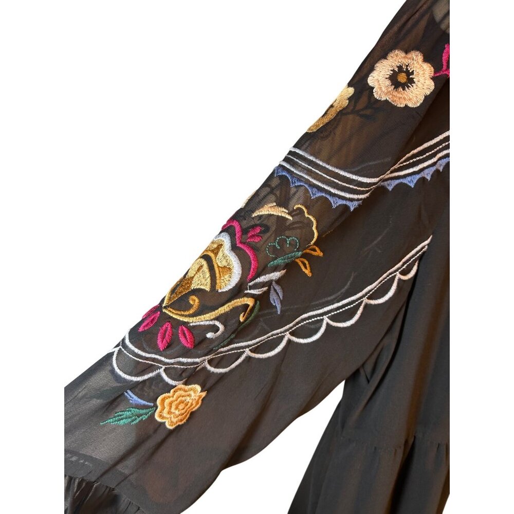 Savanna Jane Black Embroidered Floral Boho Dress 3/4 Sleeve & Ruffle Hem Size 1X - Picture 5 of 9